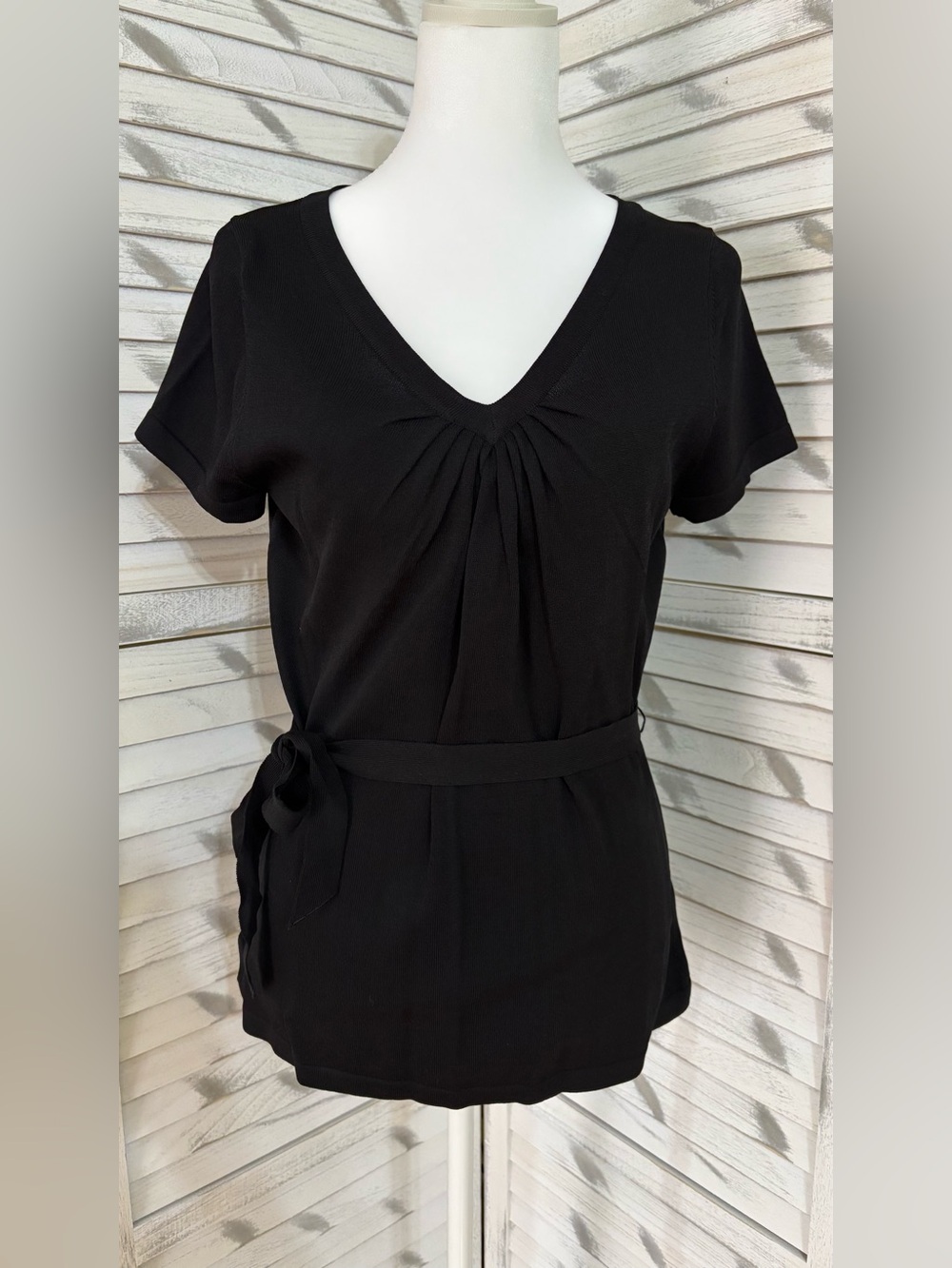 EVIE Black V-Neck Short Sleeve Tunic with Self Tie